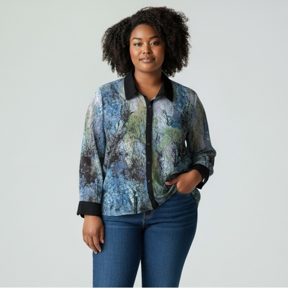 Pennington Blue Multi-Color Printed Button-Up Flowy Blouse